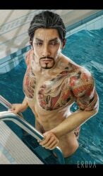 1boy 1human 3d 3d_model black_hair brown_eyes eruda_rgg getting_out_of_pool happy_trail looking_at_viewer looking_at_you majima_goro male male/male male_only masculine muscular no_visible_genitalia nonsexual obstructed_eye pubic_hair rgg_studio ryuu_ga_gotoku sega solo solo_male swimming_pool tattoo_on_ass tattooed_male tattoos twitter yakuza_(series)