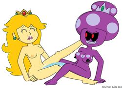 2d breasts crown dildo double_dildo exposed_breasts female female_only human interspecies jonathan_elrod light_skin mario_(series) mario_and_luigi_(series) multiple_females multiple_girls nintendo nipples nudity princess_peach princess_shroob purple_skin shroob side_view skin vaginal_insertion white_background yuri