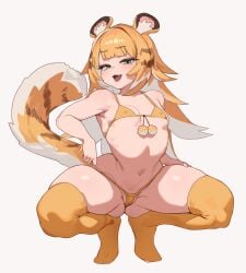 1girls animal_ears bikini blonde_hair blush eyebrows_visible_through_hair female female_only green_eyes gya_rb ju_fufu light-skinned_female light_skin looking_at_viewer micro_bikini multicolored_hair nipple_bulge nipple_outline oerba_yun_fang open_mouth smile solo squatting tail thick_thighs thighhighs tiger_ears tiger_girl tiger_tail white_hair zenless_zone_zero