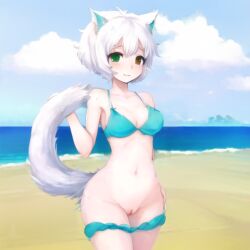 ai_generated beach bikini blue_bikini breasts cat_ears eyebrows_raised female heterochromia mcyt minecraft minecraft_youtubers mysticat_(youtuber) panties_down presenting presenting_pussy public public_nudity pussy short_hair shoulders smirking solo tail tummy white_fur youtube youtuber