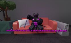 3d artist_request baseball_bat blush breasts_out confused female_only glowing_nipples glowing_pussy kaiju_paradise knife night_vision_goggles nightcrawler_(kaiju_paradise) pussy roblox roblox_game robloxian sitting source_request tagme tail weapon