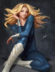 1girls blonde_hair blue_bodysuit blue_eyes bodysuit boots bracers breasts female female_focus female_only headband league_of_legends looking_at_viewer luxanna_crownguard non-nude riot_games sirenlin thick_thighs thighs