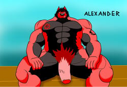 2012 abs alexander anthro balls beard biceps big_muscles big_penis canine cum facial_hair fur hair hyper looking_at_viewer male male_only mixureru muscles nipples nude pecs penis pose smile solo tattoo vein wolf