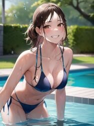 1girls ai_generated ai_mirror belly_button bikini blue_bikini blush braided_hair brown_eyes brown_hair bushes in_water leaning_forward looking_at_viewer pool short_hair small_breasts smile tree wet wet_body white_skin