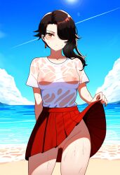 ai_generated beach cinder_fall exposed_pussy lifted_by_self lifting_skirt medium_breasts nipples nipples_visible_through_clothing novelai pussy rwby self_upload skirt skirt_lift soaked upskirt wet wet_clothes wet_shirt white_shirt