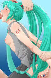 1girls anal apple_cake arm_grab ass black_skirt blush breasts closed_eyes clothed_sex clothing cum cum_in_ass cum_in_mouth cum_in_pussy cum_inside fellatio female female_on_top foursome from_behind green_hair hair_grab hatsune_miku long_hair male nipples open_mouth oral penetration penis sex skirt skirt_lift small_breasts spread_legs tattoo thighhighs triple_penetration twintails vaginal_penetration vocaloid