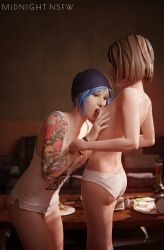 2girls 3d beanie blue_hair bottomless breast_sucking brown_hair chloe_price female female/female female_only girl_on_girl girls_only half-dressed half_naked lesbian licking_breast licking_nipples life_is_strange max_caulfield midnightsfm mostly_nude panties partially_clothed standing tattoo underwear white_panties yuri