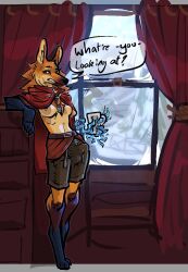 5_fingers anthro biped bottomwear breasts canid canine clothed clothing curtains english_text erection erection_under_clothing fingers fur gynomorph holding_object inner_ear_fluff intersex jam_(artist) mammal maned_wolf plant shorts snow solo speech_bubble text tree tuft window