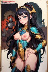 ai_generated armor black_hair blue_eyes breasts breasts_out gamarjobson looking_at_viewer nipples seductive