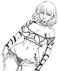 bad_id bb_(baalbuddy) breasts cleavage covered_nipples cowboy_shot crop_top dutch_angle female fingernails greyscale hikage_(senran_kagura) inactive_account large_breasts long_sleeves long_tongue looking_at_viewer medium_hair midriff monochrome navel open_fly panties senran_kagura simple_background smile solo standing striped striped_panties tattoo toned tongue tongue_out underwear white_background wide_hips