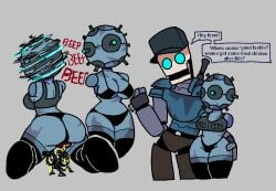 1boy 1girls arcaned_roses black_bra black_legwear black_panties flirting grey_body multiple_views no_arms robot robot_girl robot_humanoid roses_arcaned scout_(team_fortress_2) sentry_buster_(team_fortress_2) tagme text text_bubble what_has_science_done