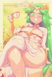 1girls bluethebone bottomless bottomless_female crossed_legs cup english_text female green_eyes green_hair holding_object horny kid_icarus kid_icarus_uprising lactating lactating_through_clothing lactation lactation_through_clothes nintendo nipple_bulge nipples nipples_visible_through_clothing palutena tagme