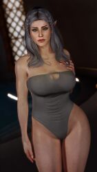 3d big_boobs big_breasts boobs bosmer breasts curvaceous curvy elf elf_ears elf_female gigantic_breasts grey_hair huge_breasts large_breasts massive_breasts skyrim tagme the_elder_scrolls thick_thighs wood_elf