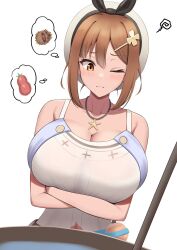 1girls atelier_(series) atelier_ryza big_breasts brown_eyes brown_hair busty busty_teen carot cleavage crossed_arms emp_(denjipgre) female hat huge_breasts human necklace nut_(fruit) one_eye_closed reisalin_stout simple_background sleeveless teenager thin_waist thinking voluptuous