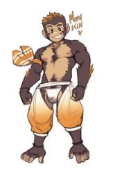 1boy 1male arm_band brown_fur brown_hair bulge bulge_through_clothing bulge_under_clothes chaps cropped cropped_image desfrog edit edited_image haplorhine male male_focus male_only mammal monkey monkey_boy monkey_ears monkey_feet monkey_humanoid monkin_(desfrog) nipples oc oc_character prehensile_feet primate primate_humanoid scantly_dressed screenshot simple_background smile smiling solo solo_male thong thong_underwear underwear underwear_bulge white_background