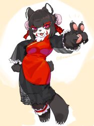 1girls anthro black_fur blush female female_only fur furry hi_res kame_3 looking_at_viewer panda pawpads pink_eyes smiling smiling_at_viewer solo ursid ursine v_sign