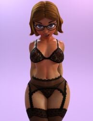 1girls 3d 3d_(artwork) alya_cesaire big_breasts bra brown_eyes brown_hair curvaceous curvy curvy_female curvy_figure daz_studio dragolord19d female female_only flirting_look garter_belt glasses hourglass_figure lingerie looking_at_viewer miraculous_ladybug navel panties posing seductive seductive_look self_upload simple_background slim_waist solo stockings wide_hips