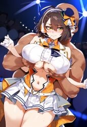 1boy 1girls ai_generated azur_lane baltimore_(azur_lane) baltimore_(muse)_(azur_lane) big_breasts breasts embarrassed female female_focus groping_breasts groping_from_behind huge_breasts idol large_breasts short_hair thick_thighs thighs yellow_eyes