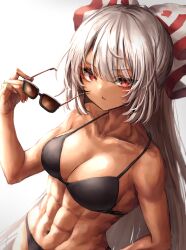 abs absurdres bikini black_bikini bow breasts cleavage female fujiwara_no_mokou hairbow highres holding holding_removed_eyewear large_breasts long_hair looking_at_viewer multicolored_bow muscular muscular_female navel open_mouth red_eyes simple_background solo sunglasses sunglasses_removed swimsuit tan touhou unworn_eyewear upper_body very_long_hair waramori_fuzuka white_background white_hair