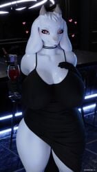 1girls 3d anthro blender cocktail_dress dress elegant_dress female_only furry goat guidugalle heart-shaped_pupils solo toriel toriel_(dogzeela) undertale undertale_(series) white_fur