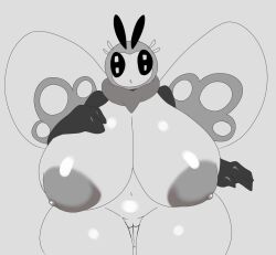 antennae_(anatomy) anthro big_breasts breasts female generation_7_pokemon hi_res huge_breasts huge_thighs looking_at_viewer monochrome navel nintendo non-human_areolae nude open_mouth pokemon pokemon_(species) ribombee simple_background solo standing tha_randomu thick_thighs wings