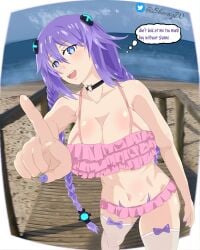 big_breasts bikini blue_eyes choujigen_game_neptune collar nails_painted neptune_(neptunia) neptune_(series) neptunia_(series) purple_hair purple_heart_(neptunia) sheong_wong smile swimsuit