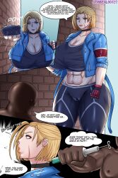 1boy 1girls abs big_breasts blonde_hair blue_eyes breasts busty cammy_white choker cleavage curvaceous curvy curvy_body curvy_female curvy_figure dark-skinned_male drugs english english_text female fingerless_gloves gloves huge_breasts kaydenlockes large_breasts scar street_fighter street_fighter_6 syringe text thick_thighs thighs voluptuous