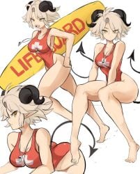 1girls big_breasts breasts golden_eyes horns lifeguard looking_at_viewer oni_horns original rakeemspoon solo solo_female susan_(rakeemspoon) tail whistle whistle_around_neck