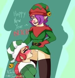 2girls bottomless brawl_stars breasts christmas christmas_outfit clothed clothing cunnilingus_through_clothes duo elf elf_penny_(brawl_stars) erection female femdom femsub hair_over_one_eye human jessie_(brawl_stars) just_jeff light-skinned_female light_skin long_hair mostly_clothed multiple_girls new_year oral penny_(brawl_stars) pointy_ears purple_hair pussy red_hair sex standing thighhighs yuri