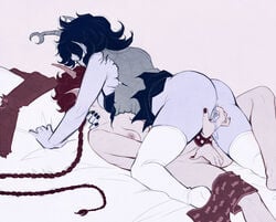 2girls aranea_serket blue_hair blue_nails boxers boxers_(clothing) bra bracelet braid braided_hair breasts clothing female female_only fingering fins fletsch grey_skin homestuck horns ivalisian long_hair masturbation meenah_peixes ms_paint_adventures multiple_girls nipples pink_hair pointy_ears pussy pussy_juice short_hair torn_clothing troll valdgeist yuri