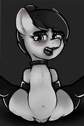 1girls choker earth_pony eyelashes fan_character fangs female female_only feral freckles furry looking_at_viewer makeup monochrome my_little_pony nude open_mouth pussy short_hair simple_background solo splits stockings themimic thick_thighs thighhighs thighs