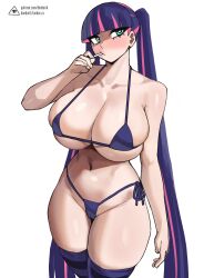 1girls bikini breasts cleavage donburikazoku female green_eyes hi_res huge_breasts large_breasts light-skinned_female light_skin long_hair panty_&_stocking_with_garterbelt purple_hair simple_background stocking_anarchy thick_thighs wide_hips