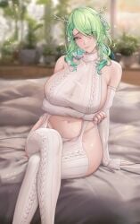 1girls 2023 alternate_version_available arm_support arm_under_breasts armwear bare_shoulders beauty_mark bed bed_sheet belly big_breasts blurry_background blush ceres_fauna crossed_legs earrings female green_hair highleg hololive hololive_english hololive_english_-council- hololive_english_-promise- horns huge_breasts large_breasts legwear meme_attire meme_clothing mole mole_under_eye navel riarfian simple_background sitting smile solo sweater thick_thighs thighs virgin_destroyer_sweater virgin_killer_sweater virtual_youtuber white_sweater yellow_eyes