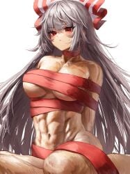 absurdres angry bow female fujiwara_no_mokou hairbow highres hime_cut long_hair muscular muscular_female naked_ribbon red_eyes ribbon sidelocks simple_background solo sweat touhou very_long_hair waramori_fuzuka white_background white_bow white_hair