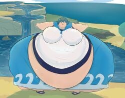 2d 2d_(artwork) beach belly big_belly blue_hair chubby chubby_female cvetkanille fat fat_ass fat_butt game_freak lana_(pokemon) nintendo pokemon shorts white_skin