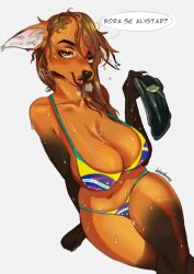 anthro army_hat beret bikini black_fur brazil brazilian brazilian_flag brown_eyes brown_hair canid canine long_hair lupine maned_wolf miranda_(naythf) miranda_loba_guará miranda_lobo_guara(naythf) navel naythf orange_fur sillyfellazz smug wet wide_hips wolf wolf_ears wolf_girl