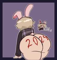 1girls 2024 ass ass_focus blonde_hair butt_focus english_text fake_rabbit_ears happy_new_year huge_ass huge_butt meatoids mob_face number paint painted_ass purple_sweater rabbit_ears rabbit_tail solo sweater text thick_thighs thighs urotsuki yume_2kki