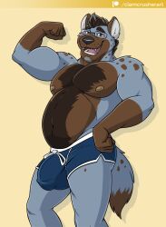 beard black_nose blush brown_eyes brown_hair bulge clamcrusher clothed clothing eyewear facial_hair flexing furry glasses hair hi_res hyena male male_only mammal nipples overweight overweight_male simple_background solo topless topless_male underwear