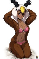 1girls big_breasts black_hair bra breasts brown_eyes busty cleavage costume dark-skinned_female dark_skin eagle kyoffie lily_hawk looking_at_viewer navel onesie panties pink_bra pink_panties smile street_fighter street_fighter_6 teen teen_girl underwear young young_female