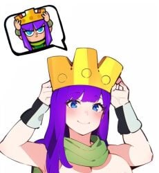 ai_generated archer_(clash_of_clans) archer_queen_(clash_of_clans) archer_queen_(clash_royale) blue_eyes blush blushing breasts breasts_out clash_(series) clash_of_clans clash_royale crown gameplay_mechanics green_skin hand_on_head long_hair looking_at_viewer nude nude_female preview purple_hair smile smiling smiling_at_viewer supercell white_background white_body