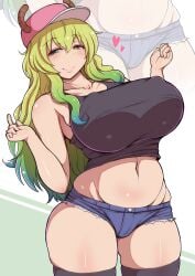 baseball_cap belly black_thighhighs blonde_hair blush breasts cleavage commentary_request covered_nipples cowboy_shot crop_top curvy cutoffs denim denim_shorts dragon_horns female gradient_hair green_hair hat heart heterochromia highres horns horns_through_headwear kobayashi-san_chi_no_maidragon large_breasts long_hair looking_at_viewer love_handles lucoa lucoa_(maidragon) micro_shorts midriff muffin_top multicolored_hair navel plump ponpo ponponmaru quetzalcoatl_(dragon_maid) shorts skindentation smile solo stomach tank_top thick_thighs thighhighs thighs unusually_open_eyes zoom_layer