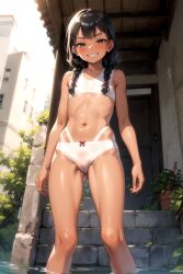 1girls ai_generated dark_skin flat_chest grin panties petite petite_body petite_female skinny skinny_legs skinny_thighs slender_thighs smug tan_body tan_skin twin_braids underwear