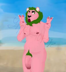 1boy anthro artist_name artist_signature body_fur flaccid_penis foreskin furry fursona green_eyes green_hair green_mane humanoid_penis intact leonine lion male male_nipples male_only male_pubic_hair mane massive_cock nude_male partially_retracted_foreskin peace_sign penis pink_cock pink_fur tongue tongue_out uncut veiny_penis watermark yippeeturtle