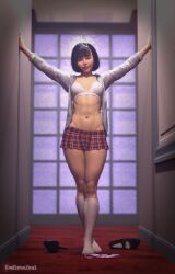 1girls 3d abs artist_name asian asian_female athletic athletic_female black_hair bra breasts chest curvaceous curvy digital_media_(artwork) endlesszeal eyebrows eyelashes eyes female female_focus female_only fit fit_female front_view hair hallway hips hourglass_figure human legs light-skinned_female light_skin lips lipstick looking_back medium_breasts open_shirt petite petite_body petite_female plaid_skirt red_lipstick shirt short_hair skirt slim slim_figure slim_waist small_breasts socks solo_female thick thick_legs thick_thighs thighs undressing waist white_bra white_shirt white_socks wide_hips