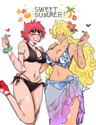 2girls big_breasts bikini black_bikini blonde_hair breast_press cleavage closed_eyes eustass_kid eyes_closed female female_only flower_in_hair genderswap_(mtf) hair_over_eyes hair_over_one_eyes hourglass_figure killer_(one_piece) long_hair mairimashita66 navel one_piece red_hair rule_63 sarong scars short_hair smile sunglasses sunglasses_on_head swimsuit tan_skin very_long_hair white_background