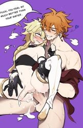 2boys aether_(genshin_impact) anal blonde_hair blush cheating comic_page creampie cum_inside daddy_penetrating_twink femboy gay gay_sex genshin_impact girly hilimuc male_only one_leg_up orange_hair partially_clothed riding sitting_on_penis socks speech_bubble submissive_male sweatdrop sweating tartaglia_(genshin_impact) third-party_edit twink_pleasuring_daddy