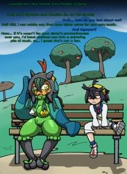 alternate_species areola bench big_breasts black_hair blue_clothing blue_footwear blue_socks bottomwear breasts carmine_(pokemon) chabble clothing dialogue duo eyelashes fangs female footwear fusion generation_9_pokemon genitals green_body green_hair grey_body hair hi_res human humanoid kieran_(pokemon) legendary_pokemon male mammal navel navel_piercing necktie nintendo nipples nude ogerpon open_mouth orange_body pants pasties piercing pokemon pokemon_(species) pokemon_sv pussy red_necktie shoes sitting slightly_chubby socks star_pasties tan_body tan_skin teeth text thick_thighs topwear white_bottomwear white_clothing white_footwear white_pants white_shoes white_topwear wide_hips yellow_areola yellow_eyes yellow_nipples