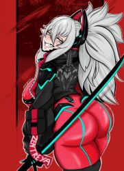 ass back_view bodysuit bodysuit_under_clothes breasts cyberware cyborg female female_only fully_clothed jacket looking_at_ass looking_back smile solo tap3forama thighs virtual_youtuber vshojo vtuber white_hair zentreya zentreya_(cyborg)