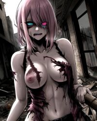 abandoned_building ai_generated heterochromia original_character pink_hair ruined_building torn_clothes zombie zombie_girl