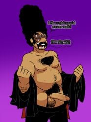 1boy arm_hair bara belly big_penis black_hair chest_hair closed_eyes consentacleez dadbod dialogue enthusiastic enthusiastic_consent father_(rhythm_heaven) gi glasses hairy_balls karate_gi male male_focus male_only moustache muscular older_male penis pubic_hair purple_background red_belt rhythm_heaven rhythm_heaven_megamix shading smiling solo sweat taking_clothes_off yaoi